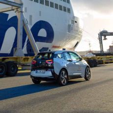 Electric car in front of Stena Line ferry