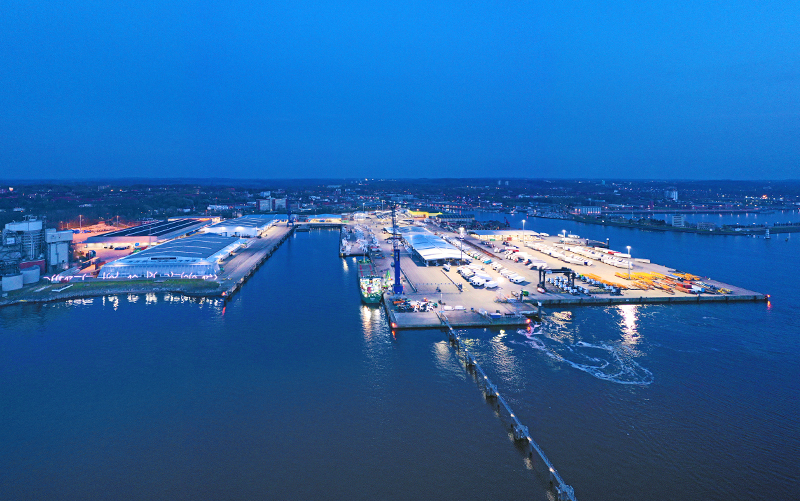 Aerial view of the Ostuferhafen at night