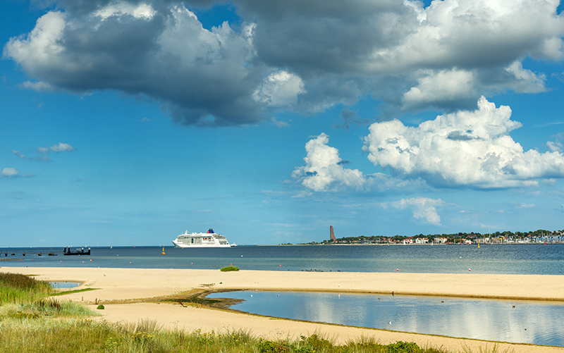 View of a cruise ship from Kiel beach