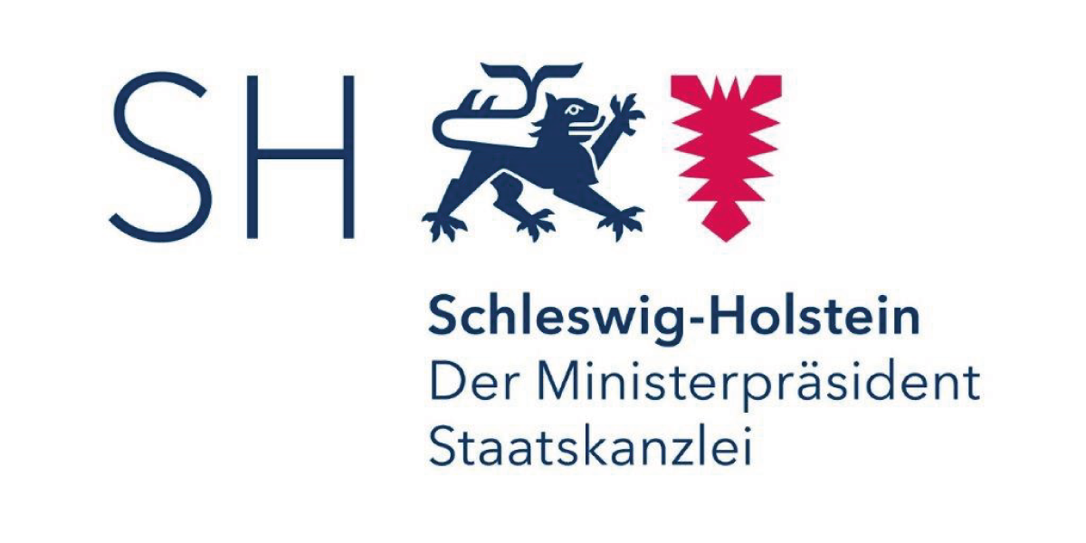 Logo of the State of Schleswig-Holstein, The Minister President, State Chancellery: SH letters, heraldic animal and figurative mark