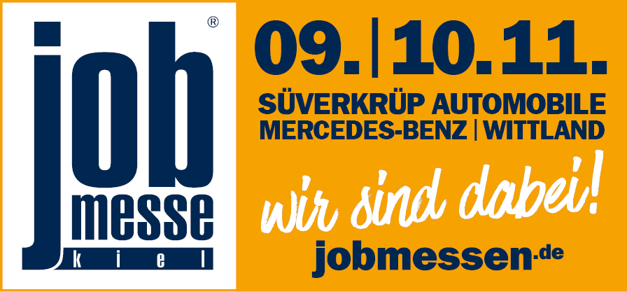 Hier wird das Logo der Jobmesse Kiel angezeigt, dass sie am 9. nd 10. November bei Süverkrüp Automobile Merces-Benz Wittland stattfindet.